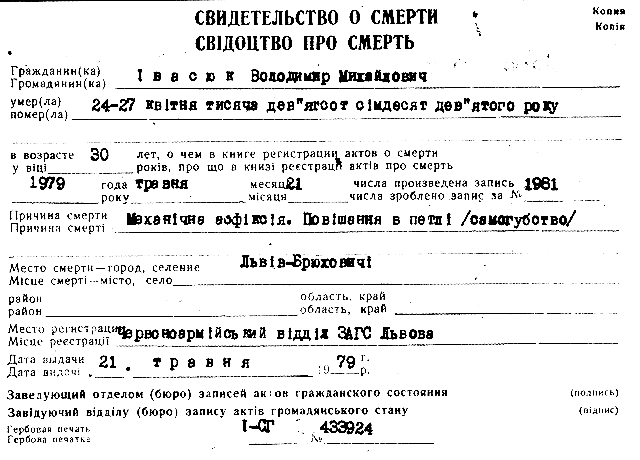 Voldymyr Ivasiuk death certificate